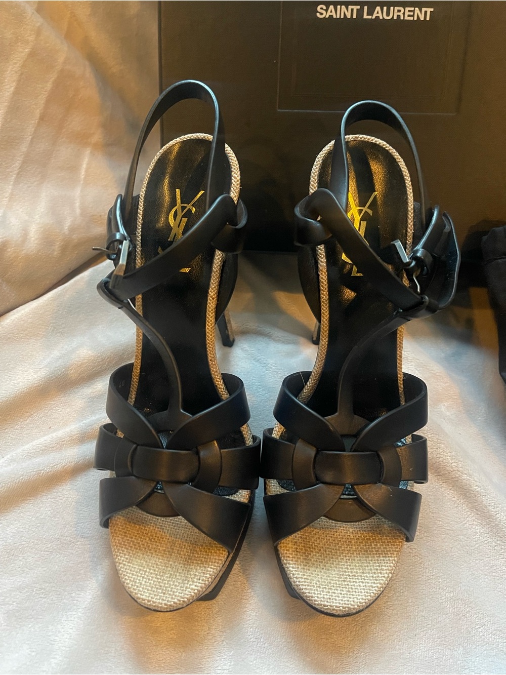 Saint Laurent Black Leather Platform Sandals with Raffia Trim - Picture 2 of 6